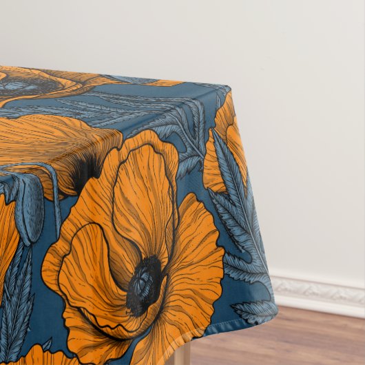 Orangefarbene Mohn in dunkelblau Tischdecke (Beispiel)