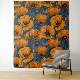 Orangefarbene Mohn in dunkelblau Wandteppich