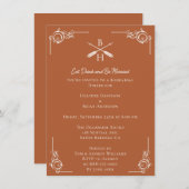 Orangefarbene Monogramme und Pfeile Probe Abendess Einladung (Vorne/Hinten)