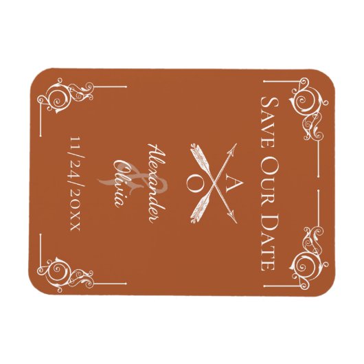 Orangefarbene Monogramme und Pfeile Save the Date Magnet (Horizontal)