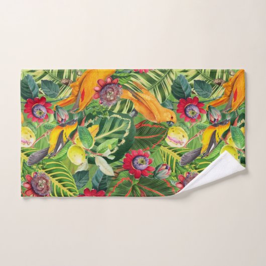 Orangefarbene Papageien in tropischer Blume Dschun Badhandtuch Set (Handtuch)