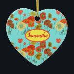 Orangefarbene Pfoten Flora Aqua Poppy Girls Name Keramik Ornament<br><div class="desc">Orangefarbene und gelbe Pfefferkuchen Blumenardelmäuse Baum-Ornament,  mit einem vollständig anpassbaren Namen. Aus meinem eigenen Malereidesign.</div>