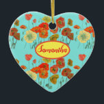 Orangefarbene Pfoten Flora Aqua Poppy Girls Name Keramik Ornament<br><div class="desc">Orangefarbene und gelbe Pfefferkuchen Blumenardelmäuse Baum-Ornament,  mit einem vollständig anpassbaren Namen. Aus meinem eigenen Malereidesign.</div>
