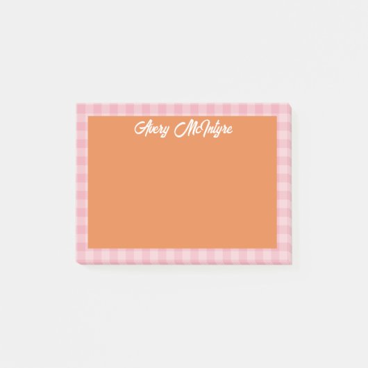 Orangefarbene Pinke Gingham-Rahmen Name In Cooler  Post-it Klebezettel (Vorderseite)