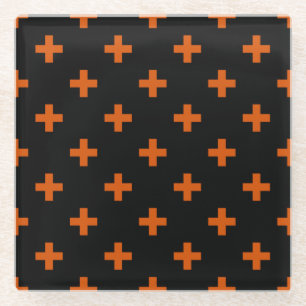 Orangefarbene Polka-Kreuze auf schwarz Glasuntersetzer