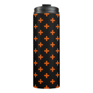 Orangefarbene Polka-Kreuze auf schwarz Thermosbecher