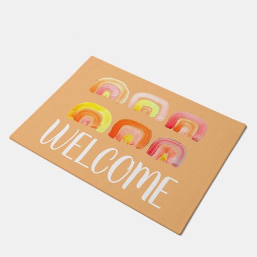 Orangefarbene Regenbogen-niedliche Retrografik Fußmatte (Schrägansicht)