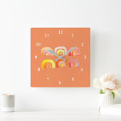 Orangefarbene Regenbogen-niedliche Retrografik Quadratische Wanduhr (Zuhause)