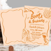 Orangefarbene Retro-Stiefel und Bubbly-Brautparty Einladung