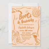 Orangefarbene Retro-Stiefel und Bubbly-Brautparty Einladung (Vorderseite)
