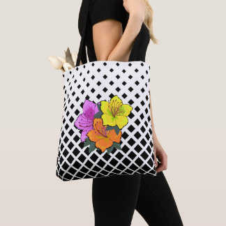 Orangefarbene, rosa Blume auf Schwarz-weißer Grafi Tasche