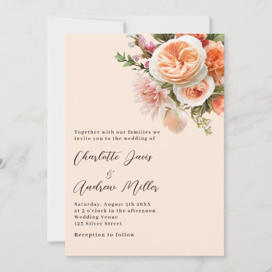 Orangefarbene rosa Blumen Hochzeit Einladung (Vorderseite)