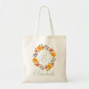 Orangefarbene rosa florale Brautjungfer-Monogramm- Tragetasche