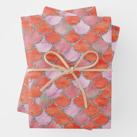 Orangefarbene, rosa und silberne Meerjungenskala Geschenkpapier Set (Beispiel)