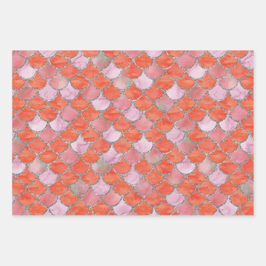 Orangefarbene, rosa und silberne Meerjungenskala Geschenkpapier Set (Vorderseite)