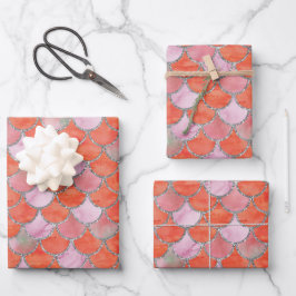 Orangefarbene, rosa und silberne Meerjungenskala Geschenkpapier Set