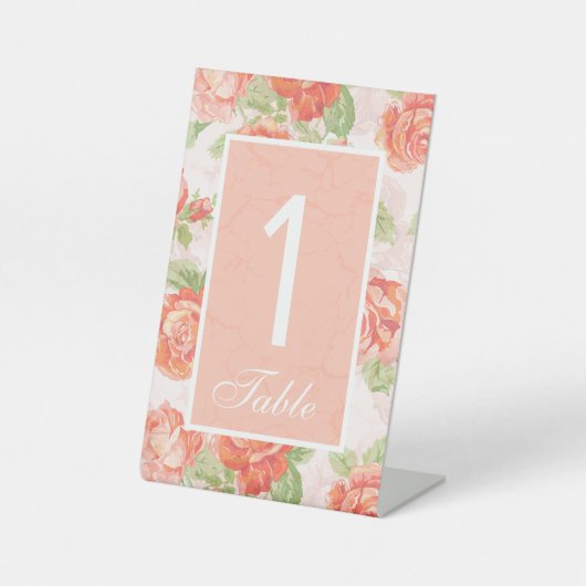 Orangefarbene Rose Hochzeitszeichen Tischnummer Sockelschild (Vorderseite)