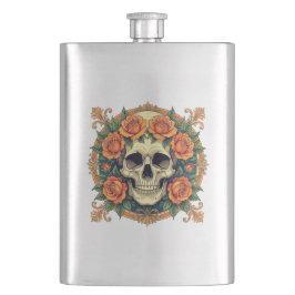 Orangefarbene Rose und Cranium Flachmann