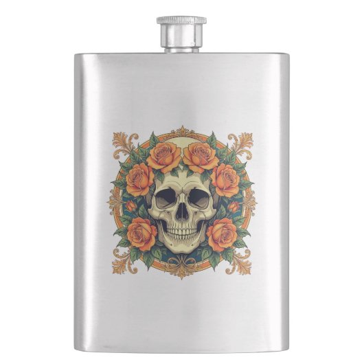 Orangefarbene Rose und Cranium Flachmann (Vorderseite)