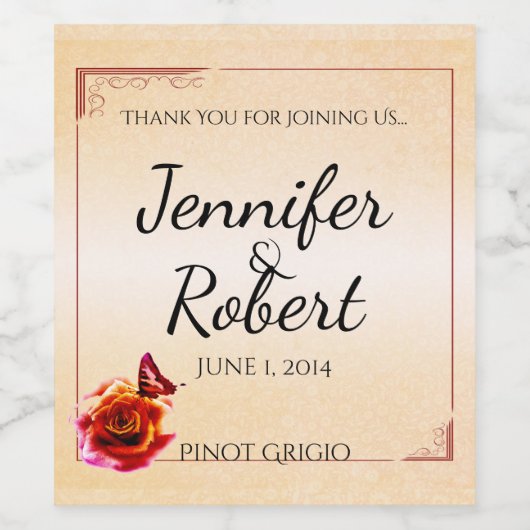 Orangefarbene Rose und Schmetterling Hochzeitwein Weinetikett (Einzelnes Label)