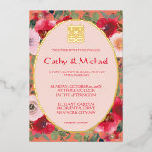 Orangefarbene rötliche Blume Chinesische Hochzeit Folieneinladung (Vorderseite)