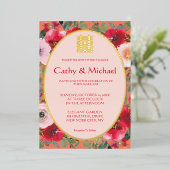 Orangefarbene rötliche Blume Chinesische Hochzeit Folieneinladung (Stehend vorne)