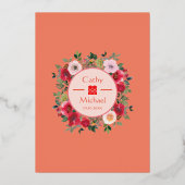 Orangefarbene rötliche Blume Chinesische Hochzeit Folieneinladung (Rückseite)