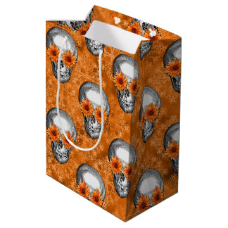 Orangefarbene Schädel und Sonnenblumen, Design 7 Mittlere Geschenktüte