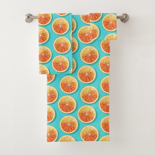 Orangefarbene Scheiben auf blau Badhandtuch Set (Insitu)