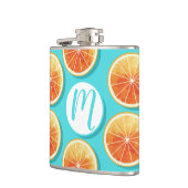 Orangefarbene Scheiben auf blau Flachmann (Links)