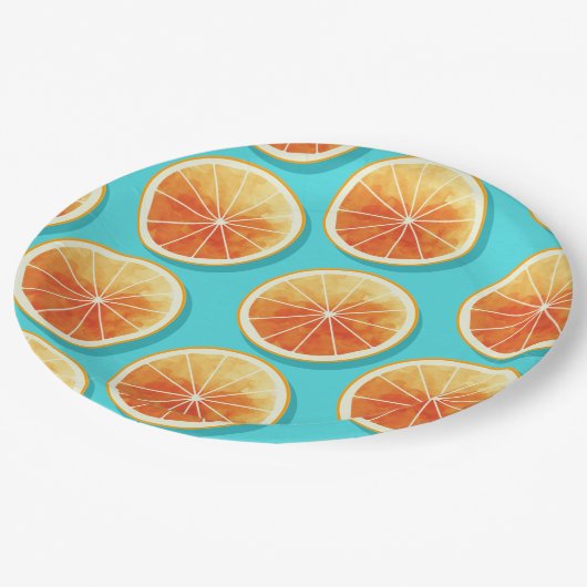 Orangefarbene Scheiben auf blau Pappteller (Schrägansicht)