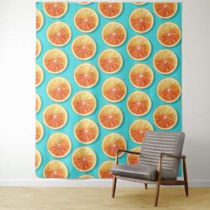 Orangefarbene Scheiben auf blau Wandteppich