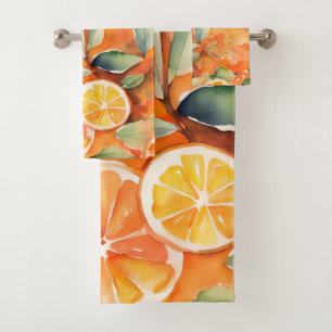 Orangefarbene Scheiben Frische Aquarellfarben Zitr Badhandtuch Set