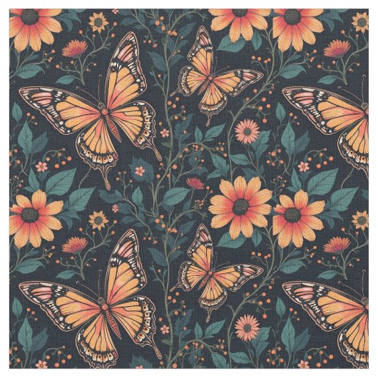 Orangefarbene Schmetterlinge und Blume Stoff (Nahaufnahme)