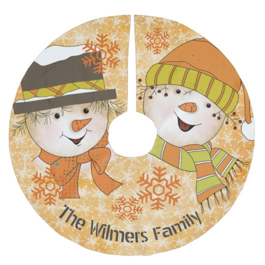 Orangefarbene Schneeflocken und Snowmen Holiday Tr Polyester Weihnachtsbaumdecke (Vorderseite)