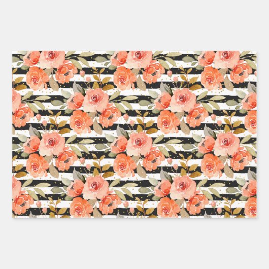 Orangefarbene Schwarz-weiße Streifen Punkte Geschenkpapier Set (Vorderseite)