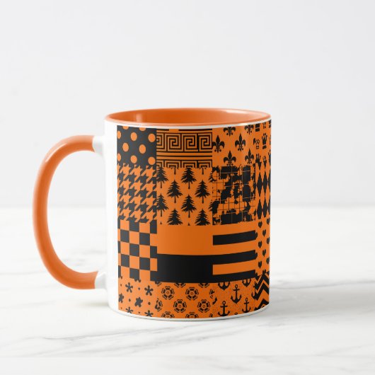 Orangefarbene schwarze gemischte Muster - Designmu Tasse (Links)