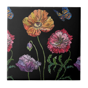 Orangefarbene schwarze Mohnblume Keramik Tile Fliese