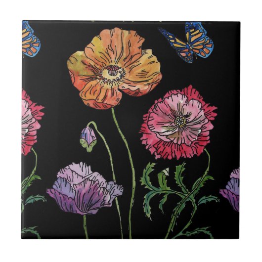Orangefarbene schwarze Mohnblume Keramik Tile Fliese (Vorderseite)