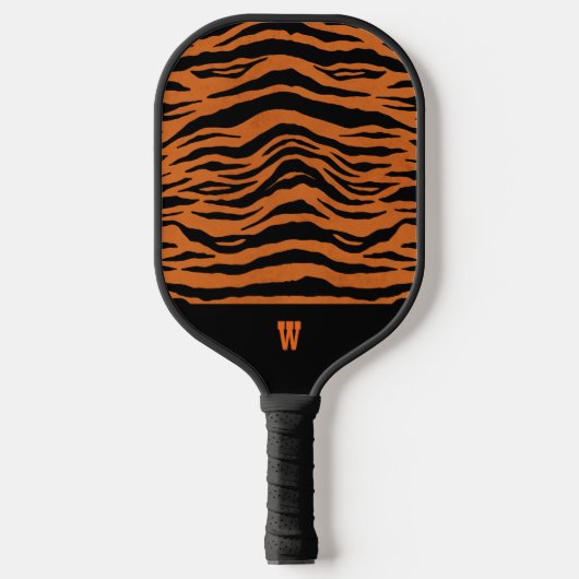 Orangefarbene schwarze Tigerstreifen und Monogramm Pickleball Schläger (Vorderseite)