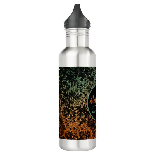 Orangefarbene Schwarzweißblumen-Monogramm mit grün Edelstahlflasche (Links)