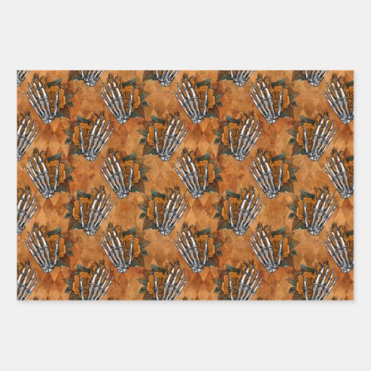 Orangefarbene Skeletthandschuhe auf Orange Geschenkpapier Set (Vorderseite)