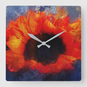 Orangefarbene Sonnenblume auf der Grau-Wall-Uhr Quadratische Wanduhr