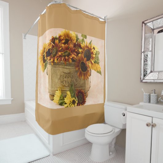 Orangefarbene Sonnenblumen im Körbchen Duschvorhang (Beispiel)