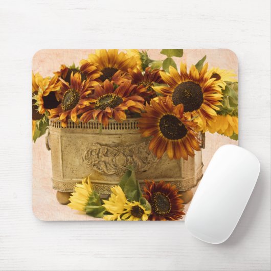 Orangefarbene Sonnenblumen im Körbchen Mousepad (Mit Mouse)