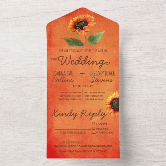 Orangefarbene Sonnenblumen in einer Hochzeitsfeier All In One Einladung (Innen Boden)