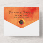 Orangefarbene Sonnenblumen in einer Hochzeitsfeier All In One Einladung (Rückseite)