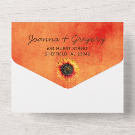 Orangefarbene Sonnenblumen in einer Hochzeitsfeier All In One Einladung (Rückseite)