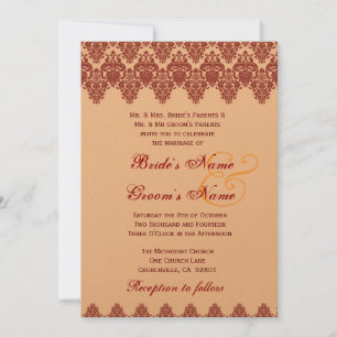 Orangefarbene Spitzen-Damask Hochzeitsgold-Metalli Einladung