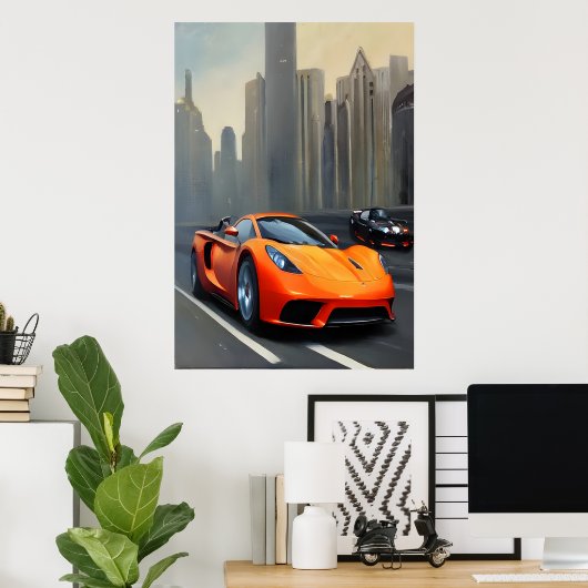 Orangefarbene Sportwagen | AI Art Poster (Heimbüro)